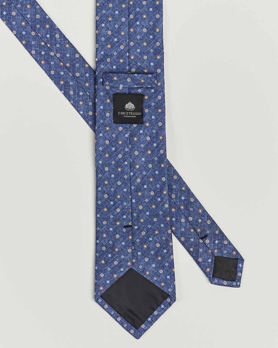Herre | Amanda Christensen Box Set Printed Linen 8cm Tie With Pocket Square Navy | Amanda Christensen | Box Set Printed Linen 8cm Tie With Pocket Square Navy