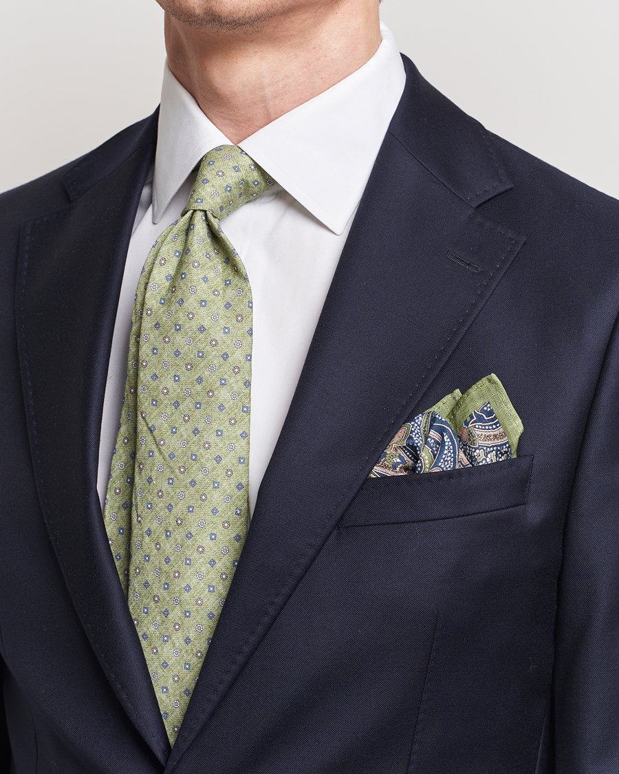 Herre |  | Amanda Christensen | Box Set Printed Linen 8cm Tie With Pocket Square Green