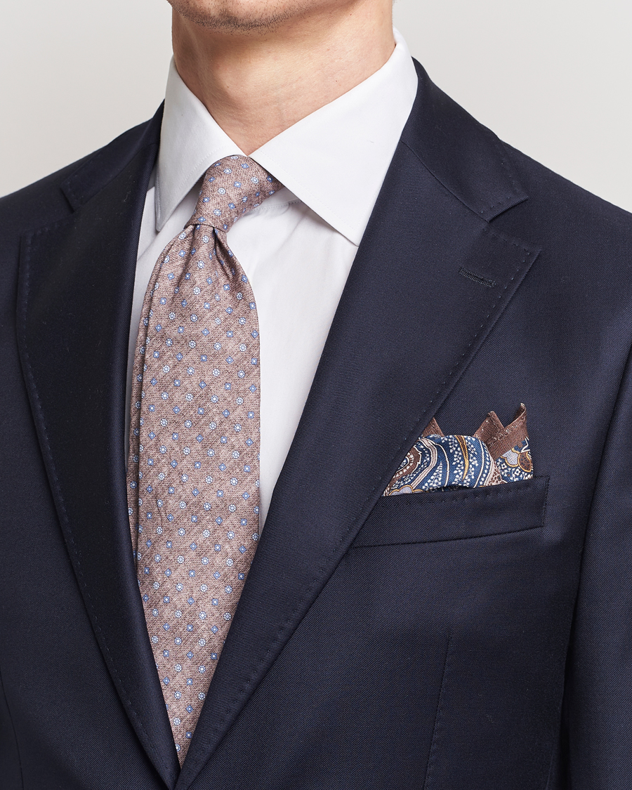 Herr |  | Amanda Christensen | Box Set Printed Linen 8cm Tie With Pocket Square Brown