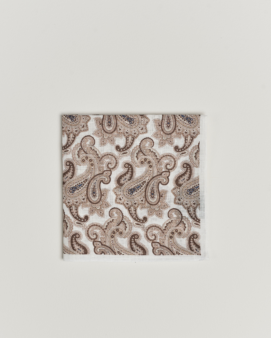 Herre | Amanda Christensen Linen Printed Large Paisley Pocket Square White | Amanda Christensen | Linen Printed Large Paisley Pocket Square White
