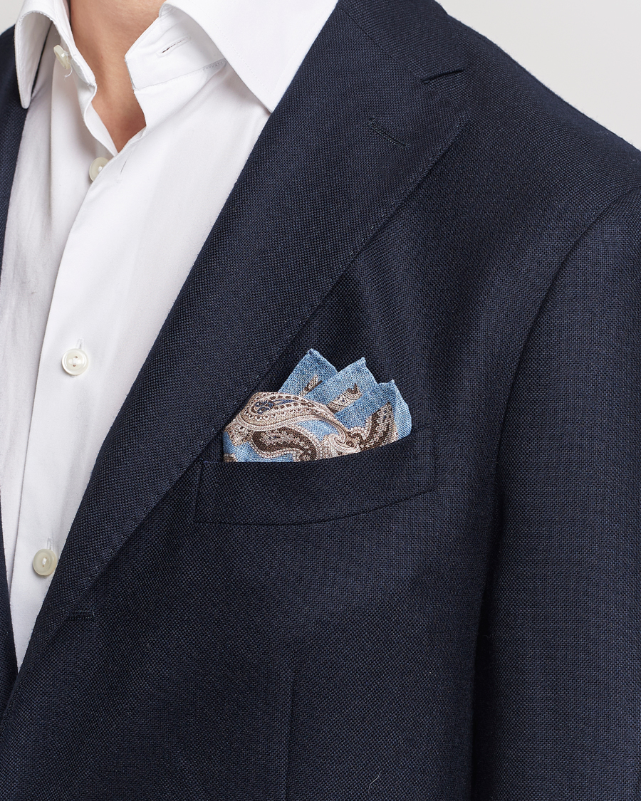 Men | Pocket Squares | Amanda Christensen | Linen Printed Large Paisley Pocket Square Blue