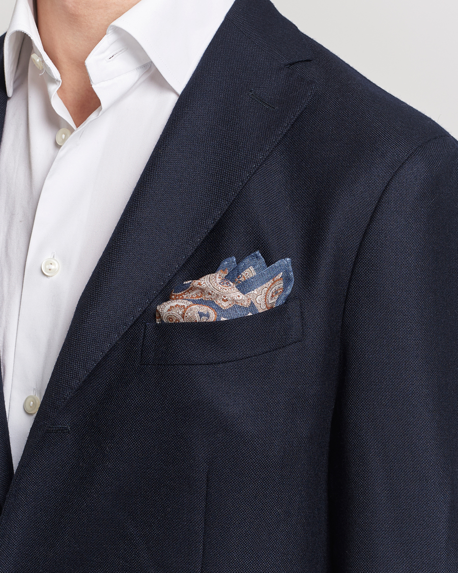 Men | Pocket Squares | Amanda Christensen | Linen Printed Large Paisley Pocket Square Navy