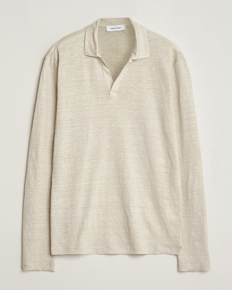 Herre | Gensere | Gran Sasso | Washed Linen Long Sleeve Polo Beige Melange