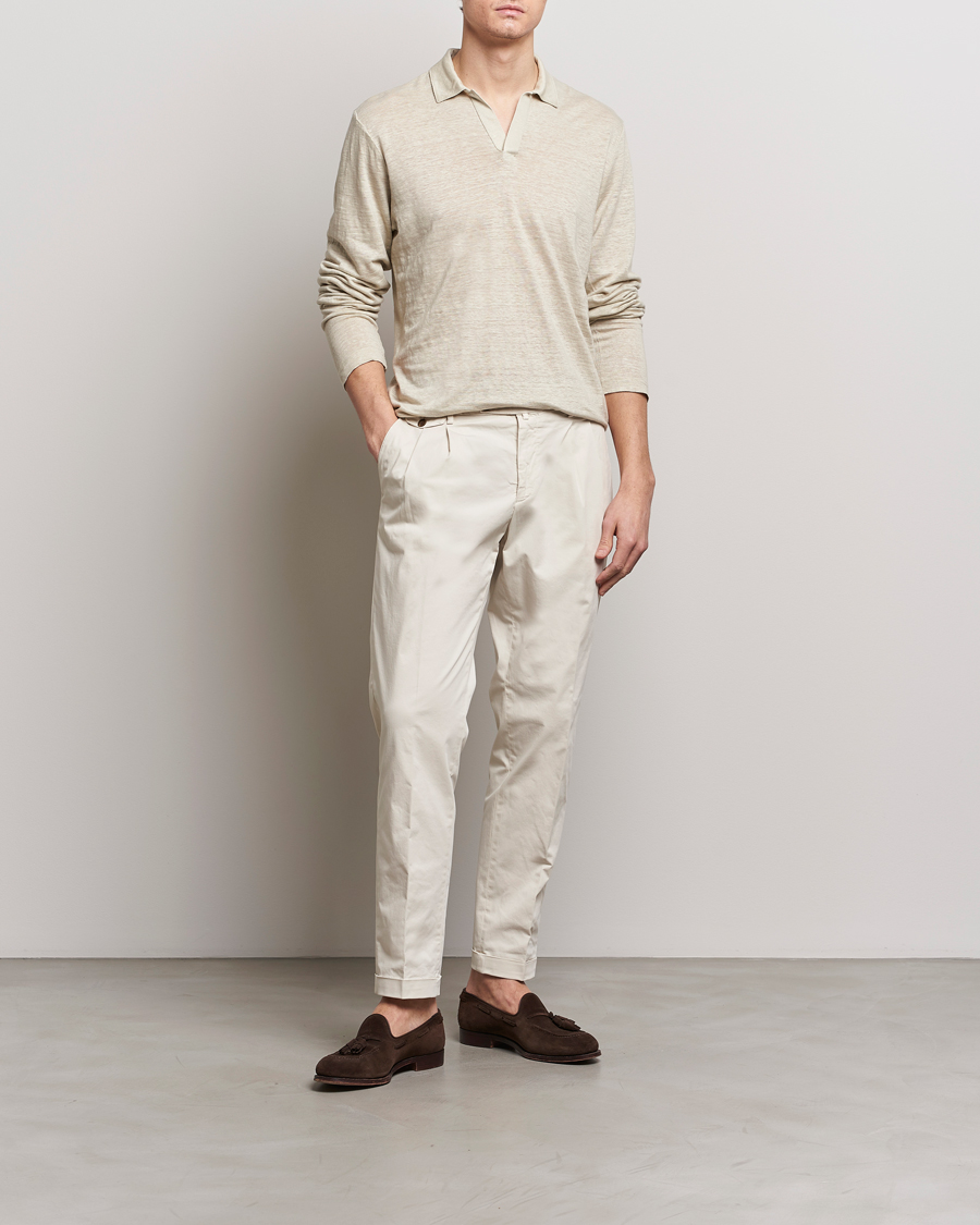 Herre | Gensere | Gran Sasso | Washed Linen Long Sleeve Polo Beige Melange