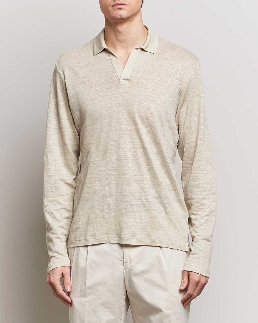 Herre | Avdelinger | Gran Sasso | Washed Linen Long Sleeve Polo Beige Melange