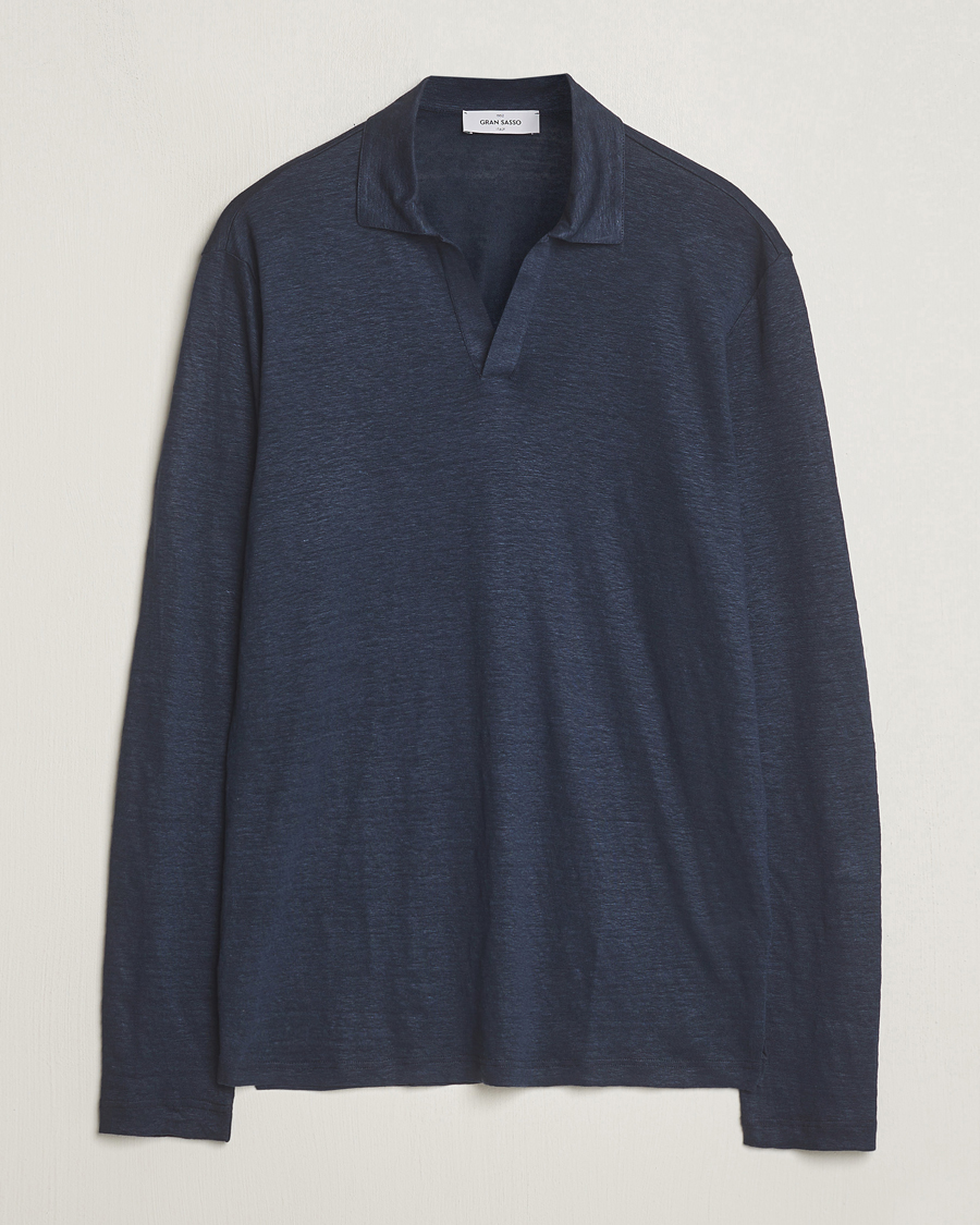 Herre | Gensere | Gran Sasso | Washed Linen Long Sleeve Polo Navy