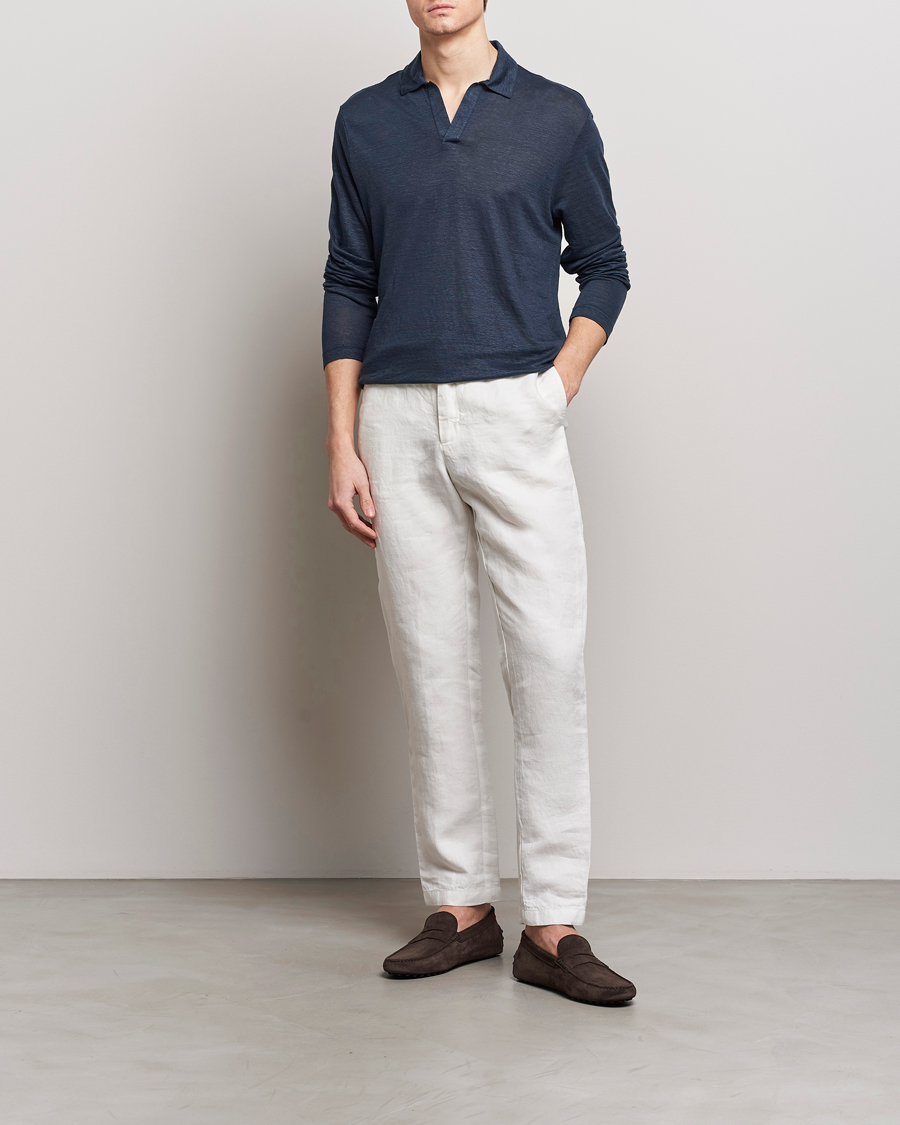 Herre | Gensere | Gran Sasso | Washed Linen Long Sleeve Polo Navy