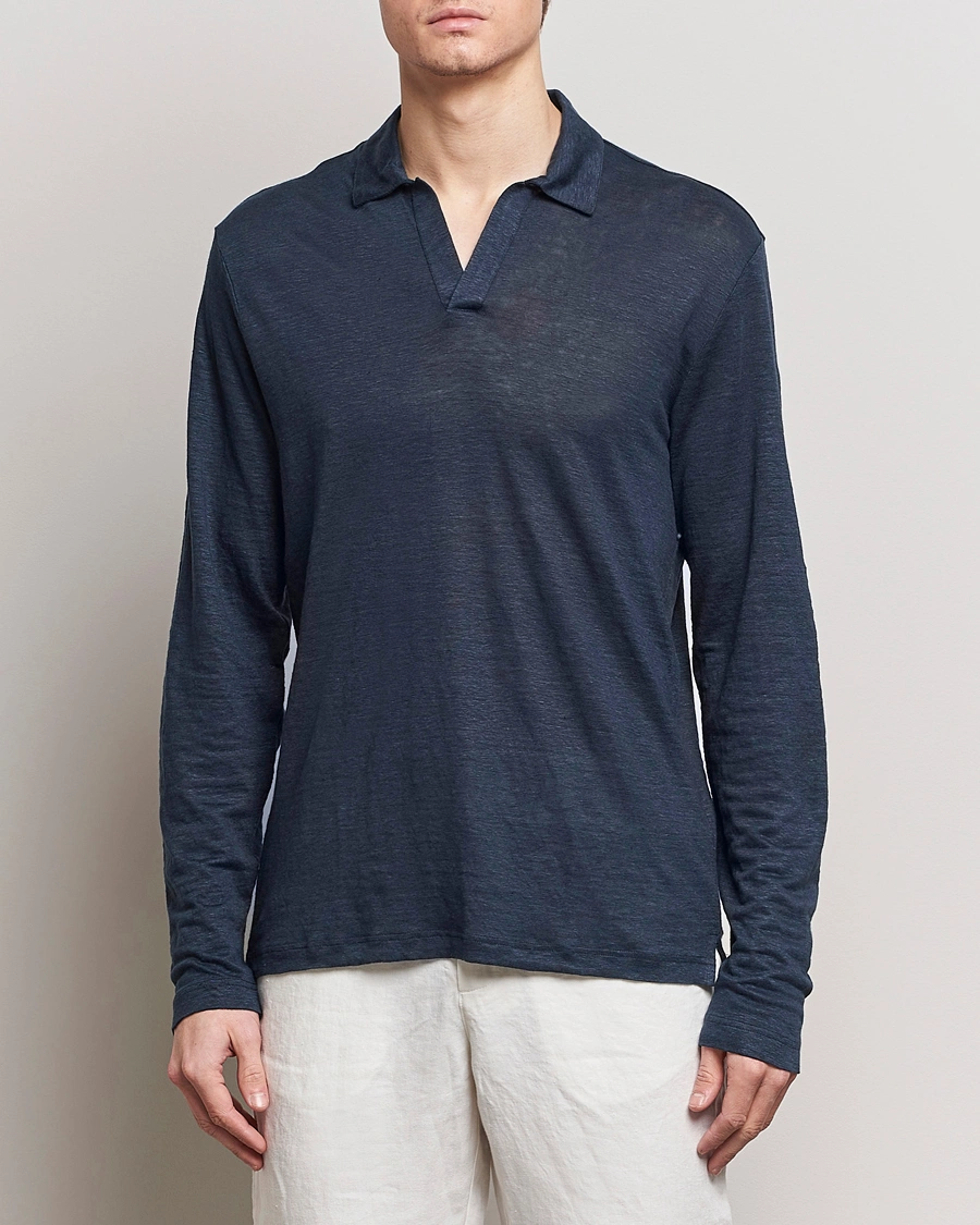 Herre |  | Gran Sasso | Washed Linen Long Sleeve Polo Navy