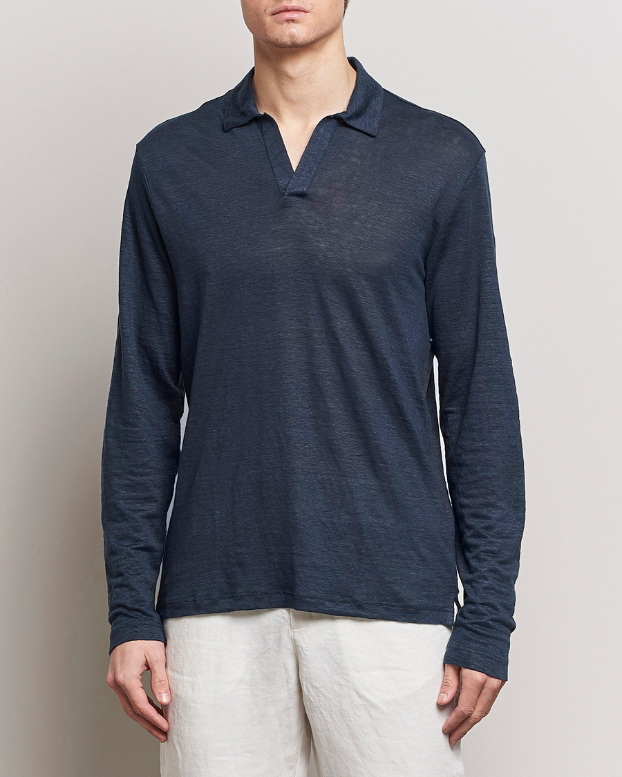 Herre | Avdelinger | Gran Sasso | Washed Linen Long Sleeve Polo Navy