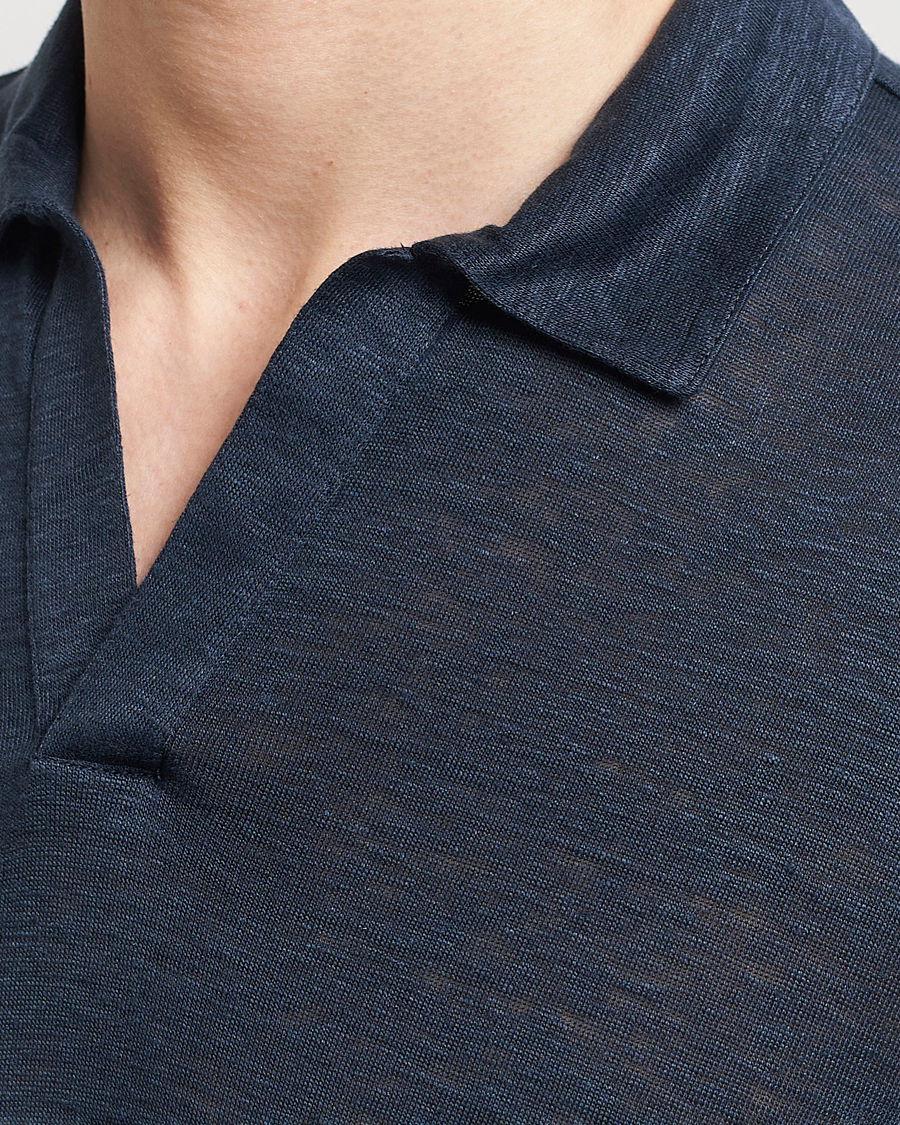 Herre | Gensere | Gran Sasso | Washed Linen Long Sleeve Polo Navy