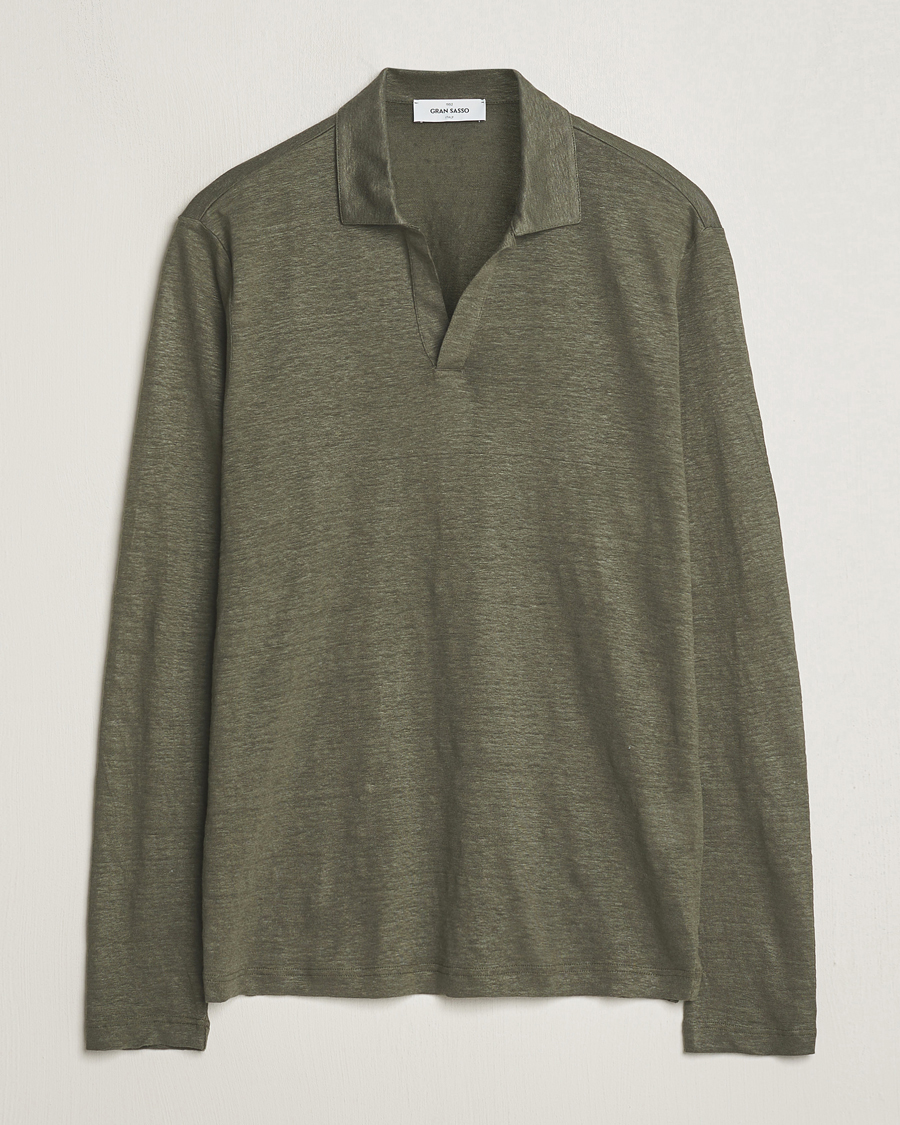 Herre | Gensere | Gran Sasso | Washed Linen Long Sleeve Polo Dark Green Melange
