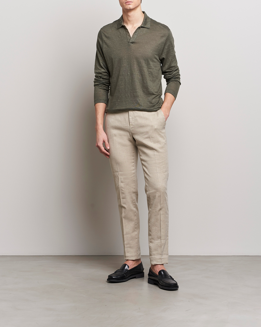 Herre | Gensere | Gran Sasso | Washed Linen Long Sleeve Polo Dark Green Melange