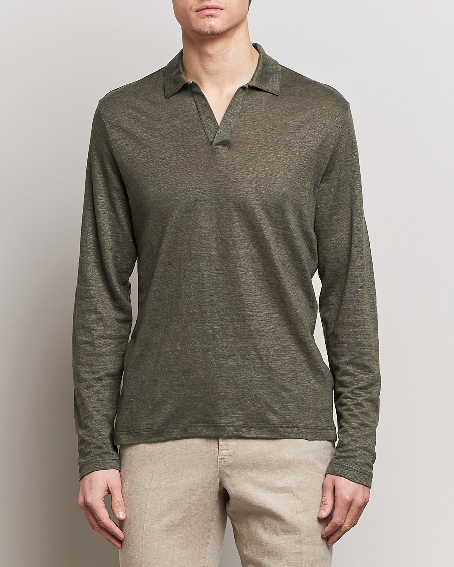 Herre | Gensere | Gran Sasso | Washed Linen Long Sleeve Polo Dark Green Melange