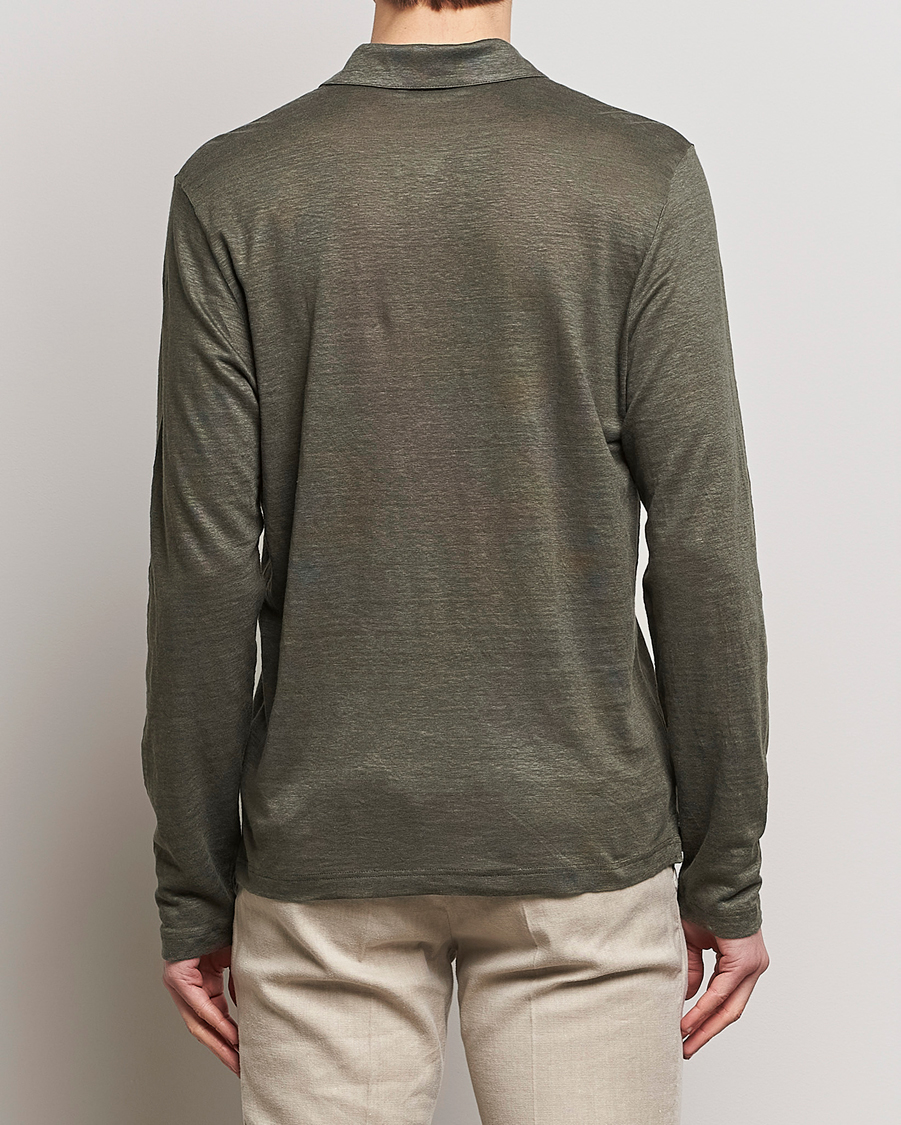 Herre | Gensere | Gran Sasso | Washed Linen Long Sleeve Polo Dark Green Melange