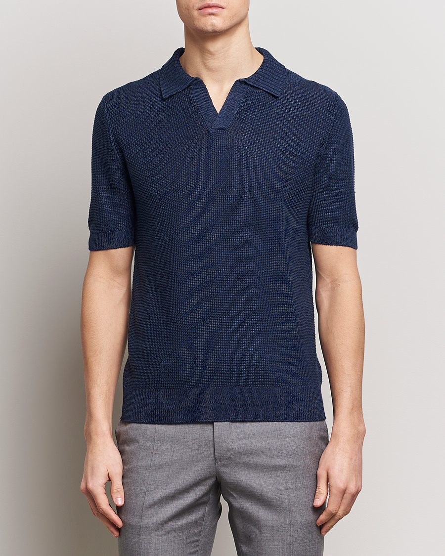 Herr |  | Gran Sasso | Linen/Cotton Open Collar Polo Navy