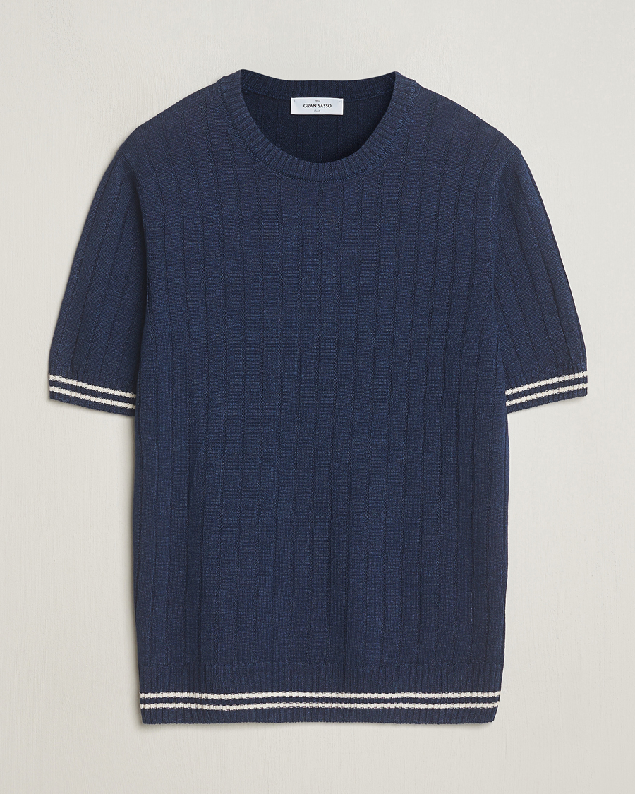 Herre | T-Shirts | Gran Sasso | Linen/Cotton Structured T-Shirt Navy