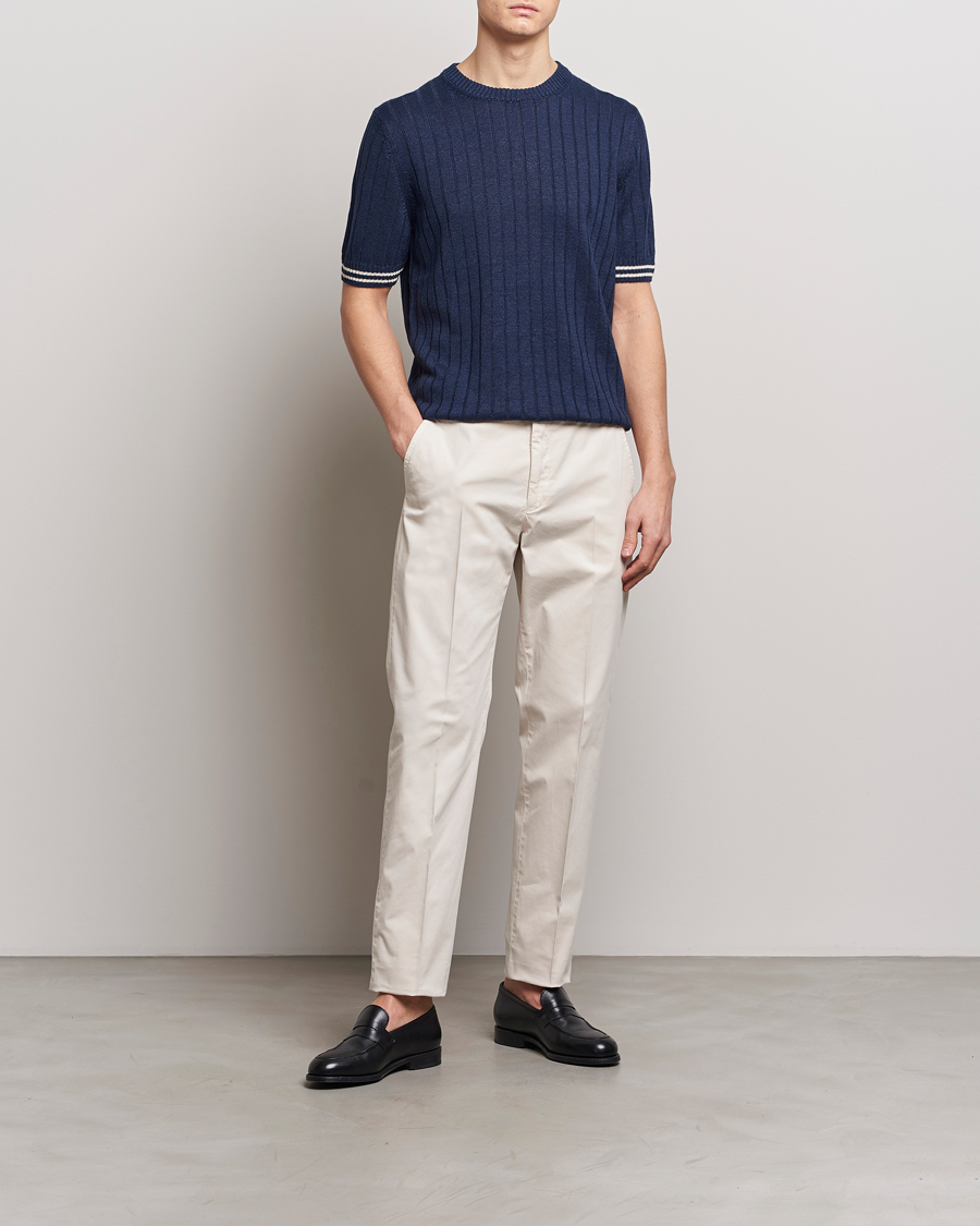 Herre | T-Shirts | Gran Sasso | Linen/Cotton Structured T-Shirt Navy