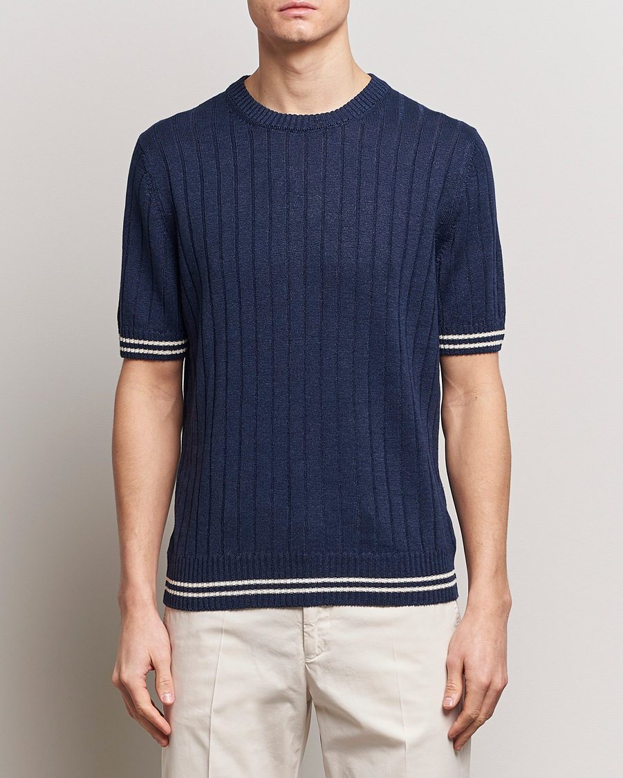 Herre |  | Gran Sasso | Linen/Cotton Structured T-Shirt Navy