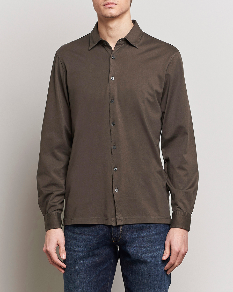 Herre | Skjorter | Gran Sasso | Washed Cotton Jersey Shirt Dark Brown