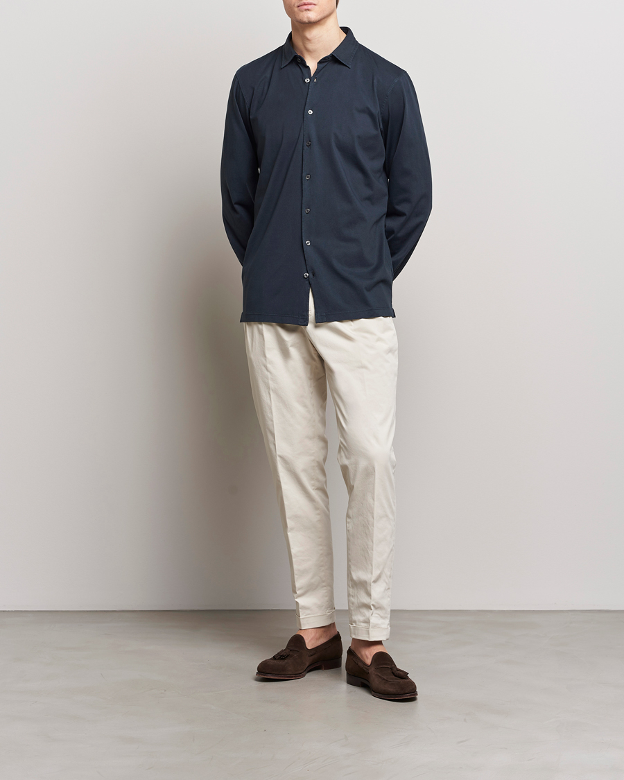 Herre | Skjorter | Gran Sasso | Washed Cotton Jersey Shirt Navy