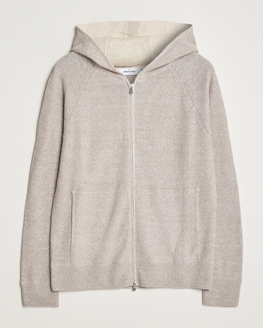 Herre | Gensere | Gran Sasso | Linen/Cotton Knitted Hooded Full Zip Beige Melange