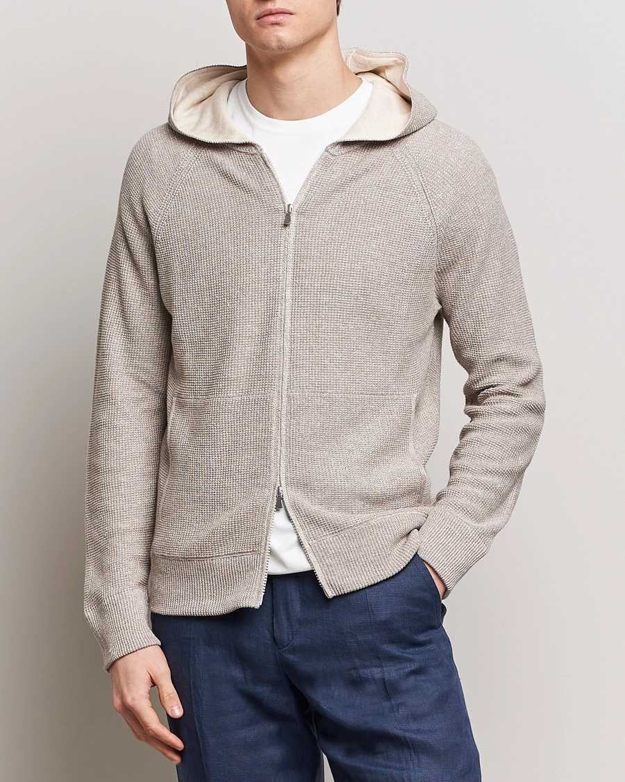 Herre | Italian Department | Gran Sasso | Linen/Cotton Knitted Hooded Full Zip Beige Melange