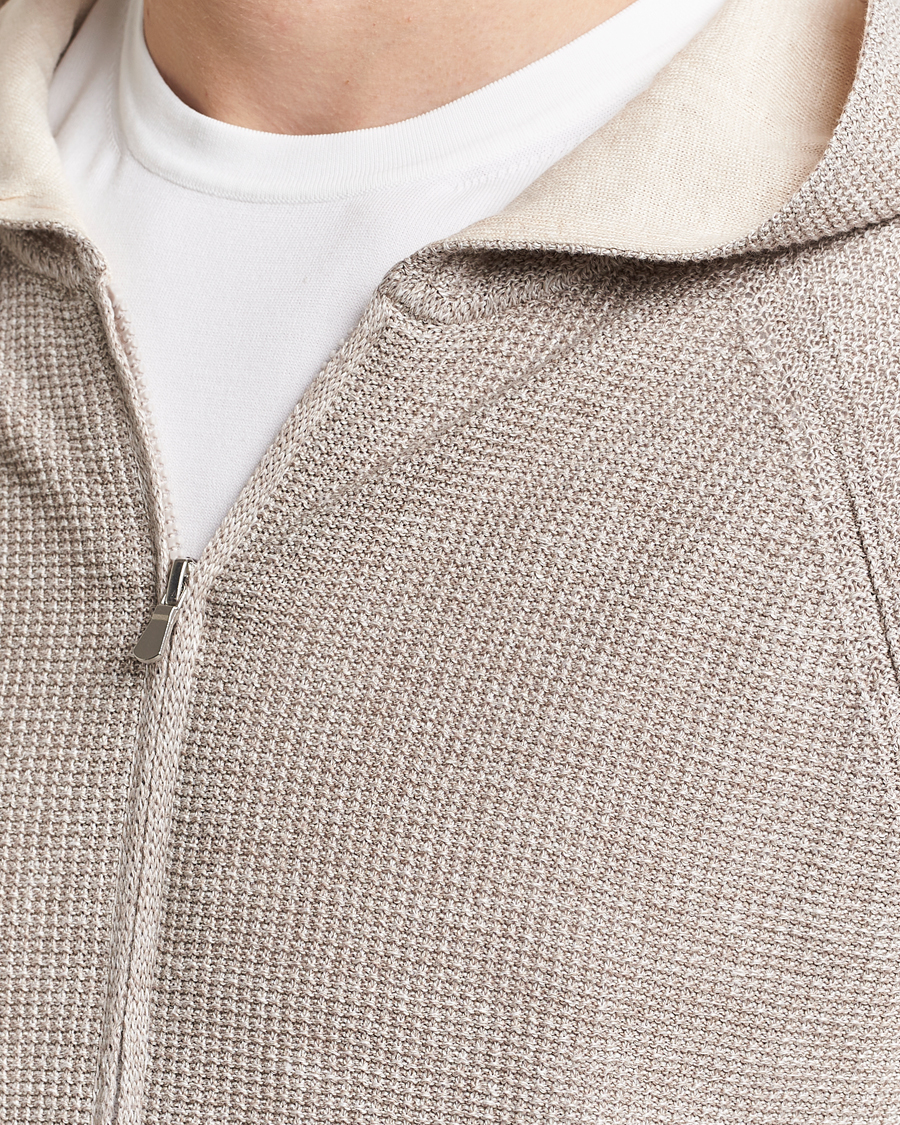 Herre | Gensere | Gran Sasso | Linen/Cotton Knitted Hooded Full Zip Beige Melange