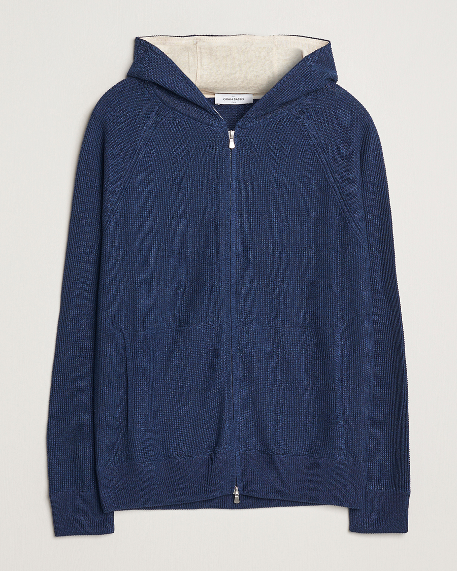 Herre | Gensere | Gran Sasso | Linen/Cotton Knitted Hooded Full Zip Navy
