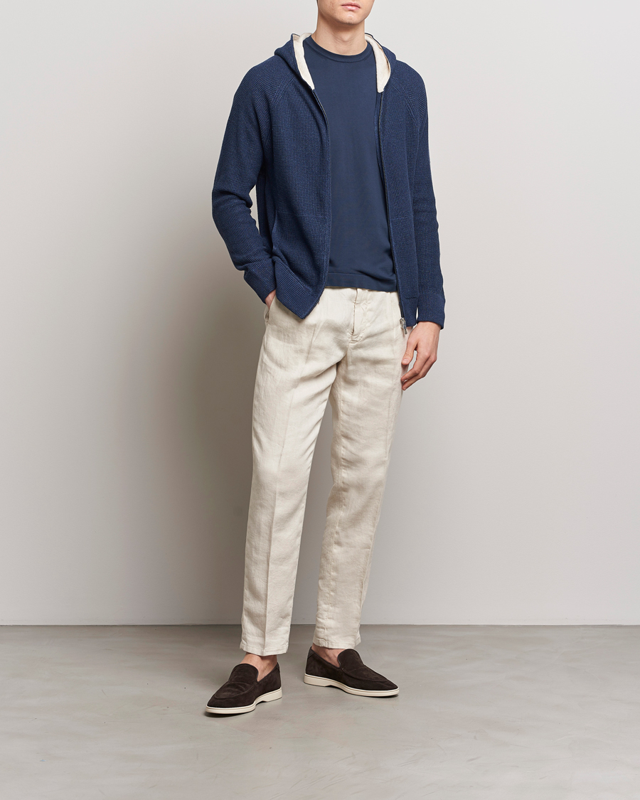 Herre | Gensere | Gran Sasso | Linen/Cotton Knitted Hooded Full Zip Navy