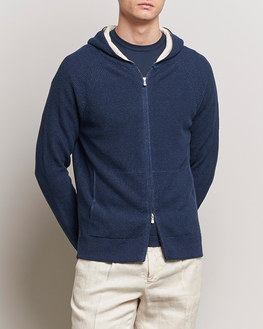 Herre | Klær | Gran Sasso | Linen/Cotton Knitted Hooded Full Zip Navy