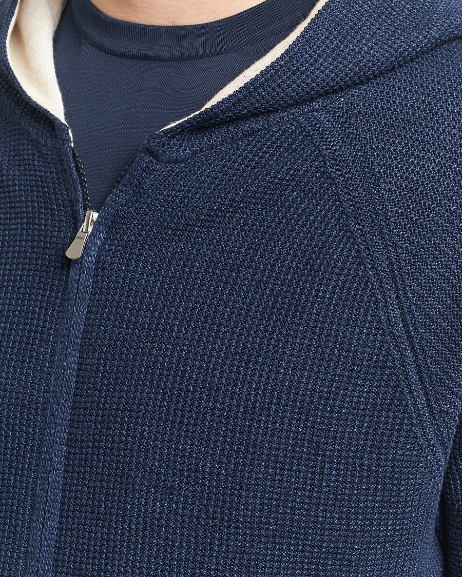 Herre | Gensere | Gran Sasso | Linen/Cotton Knitted Hooded Full Zip Navy