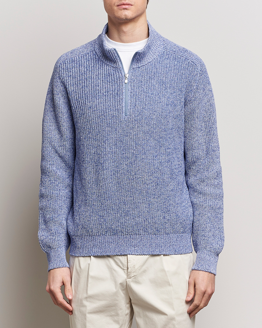 Herr | Kläder | Gran Sasso | Cotton Heavy Knitted Half Zip Blue Melange