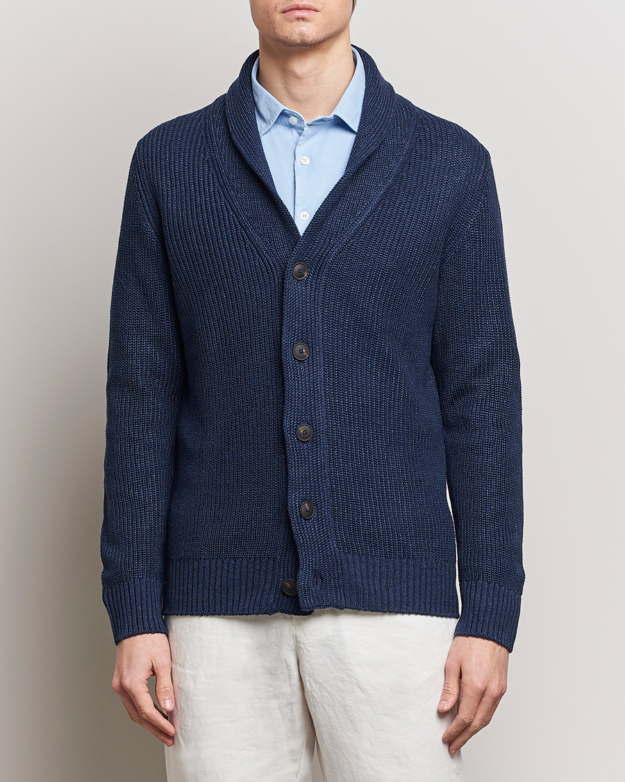 Herre | Italian Department | Gran Sasso | Linen/Cotton Shawl Collar Cardigan Navy