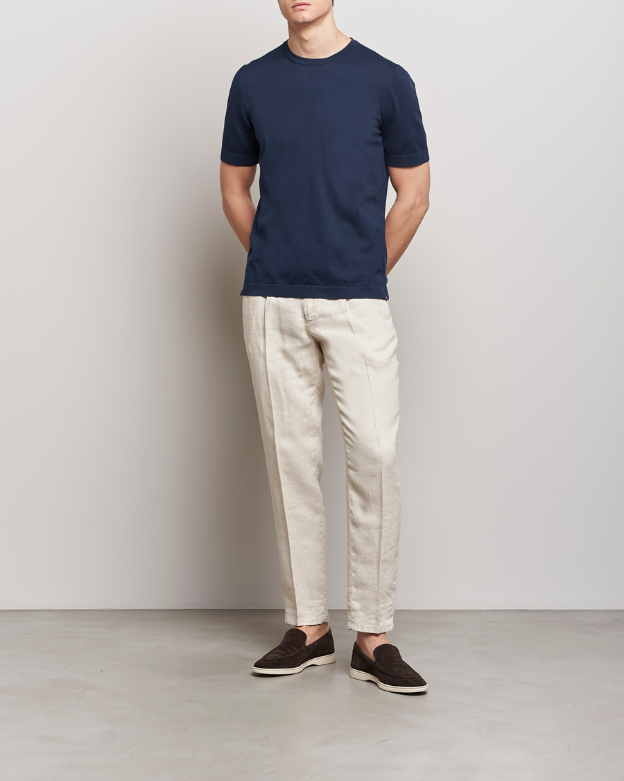 Herre | T-Shirts | Gran Sasso | Cotton Knitted Crew Neck T-Shirt Navy