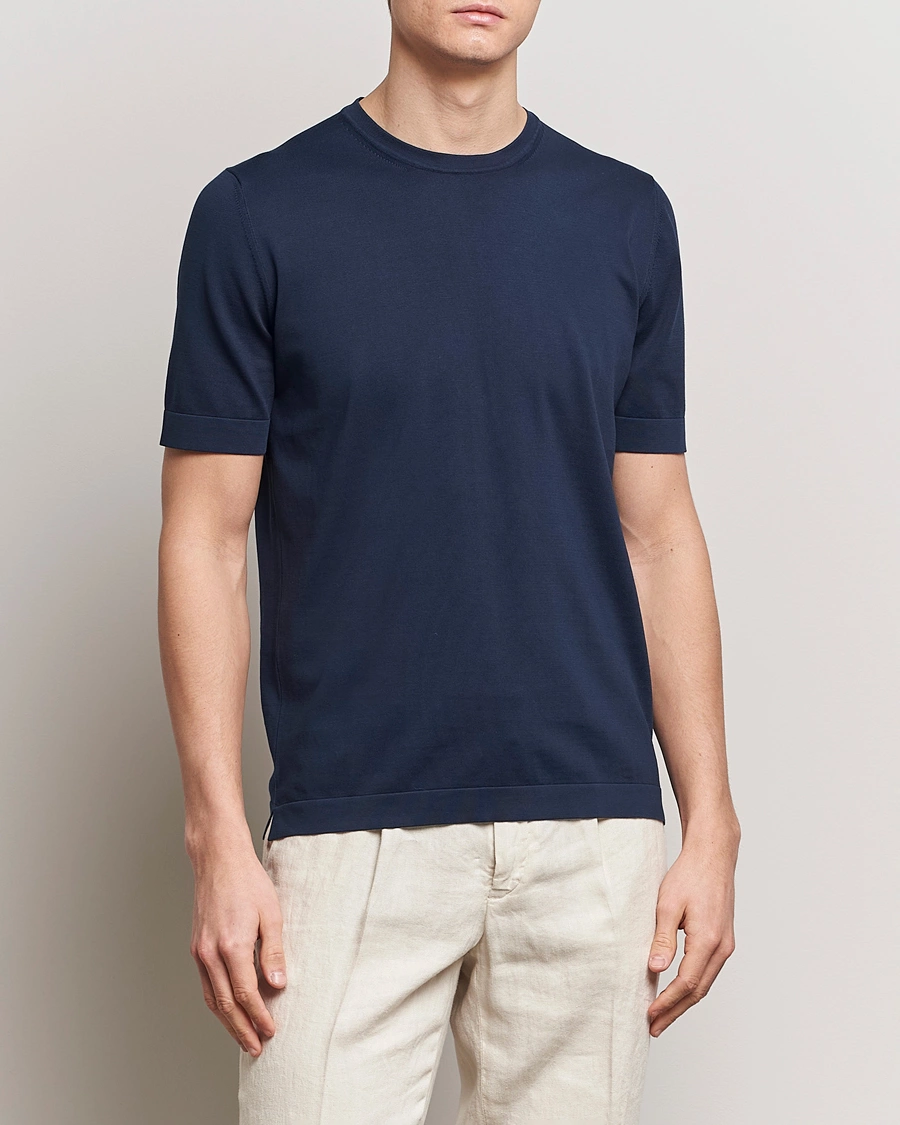 Herre | Italian Department | Gran Sasso | Cotton Knitted Crew Neck T-Shirt Navy