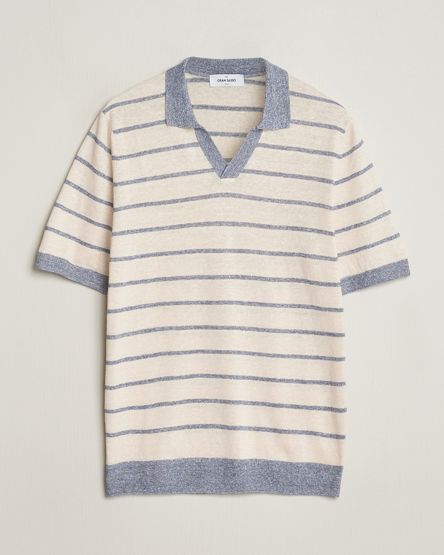Herre | Pikéer | Gran Sasso | Linen/Cotton Knitted Striped Open Collar Polo Cream/Blue