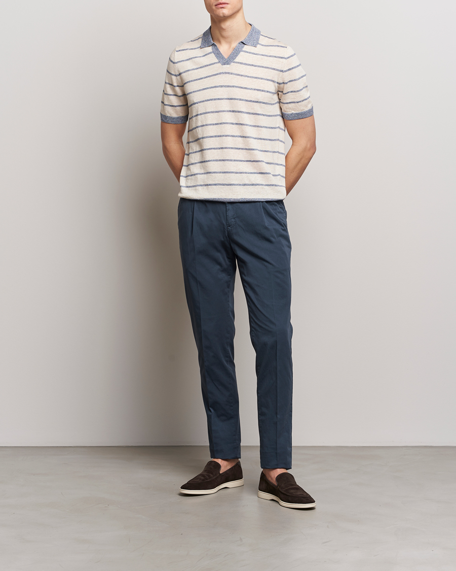 Herre | Pikéer | Gran Sasso | Linen/Cotton Knitted Striped Open Collar Polo Cream/Blue