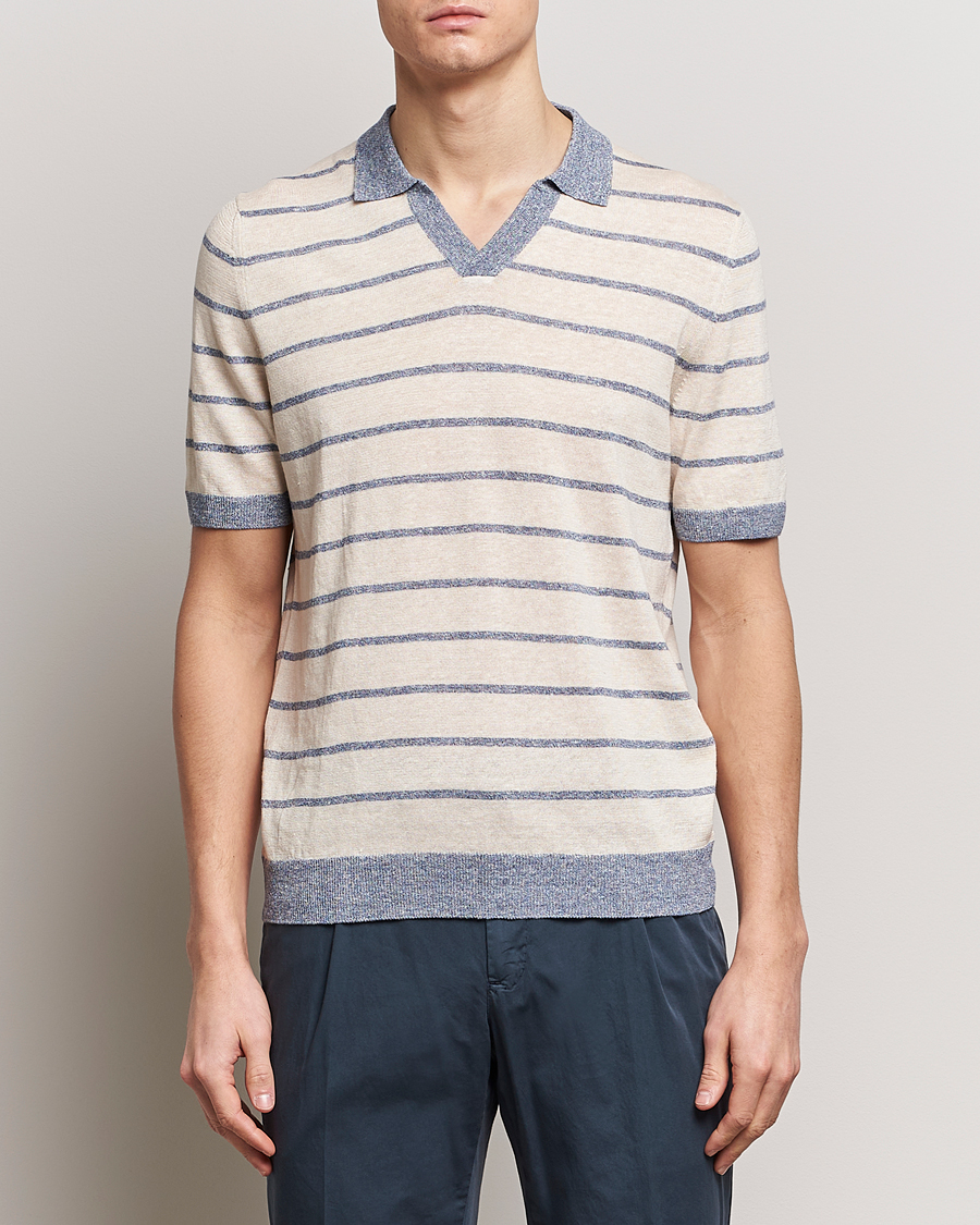 Herre | Kortermet piké | Gran Sasso | Linen/Cotton Knitted Striped Open Collar Polo Cream/Blue