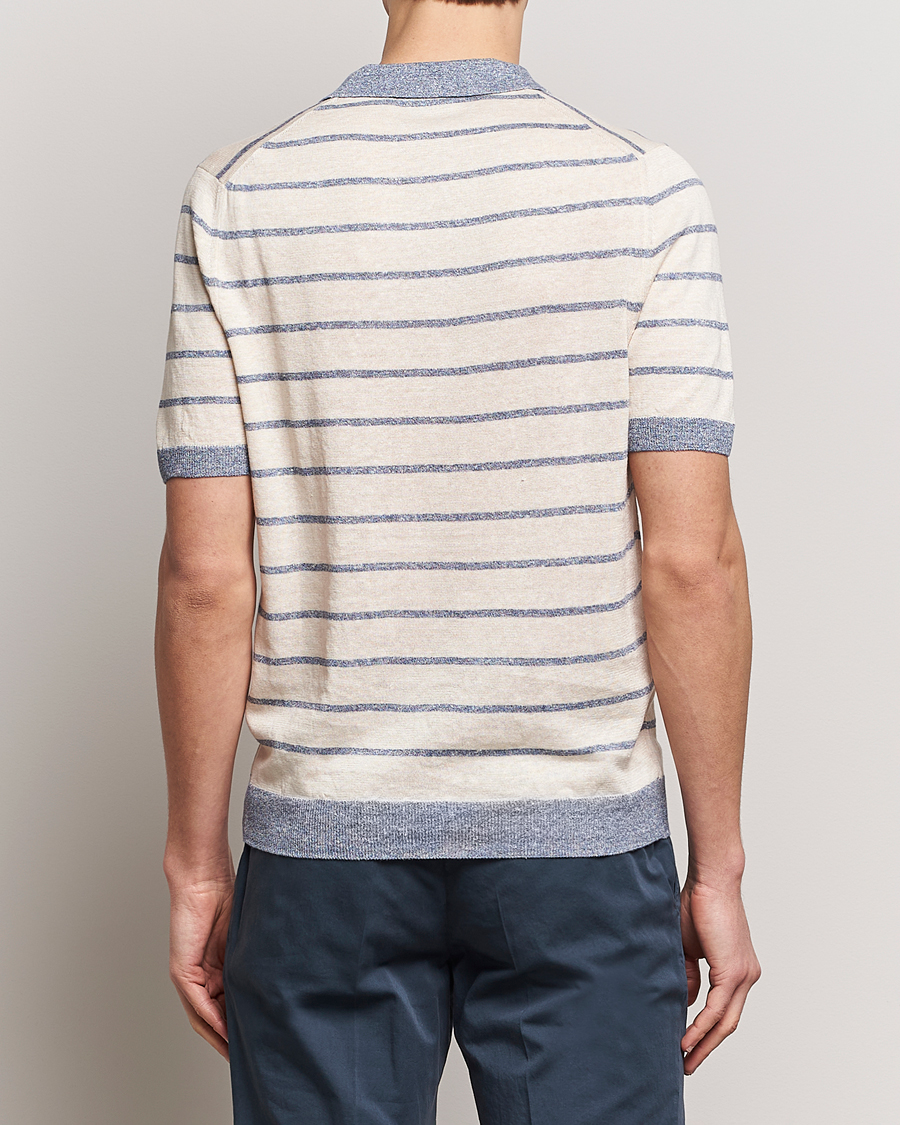 Herre | Pikéer | Gran Sasso | Linen/Cotton Knitted Striped Open Collar Polo Cream/Blue