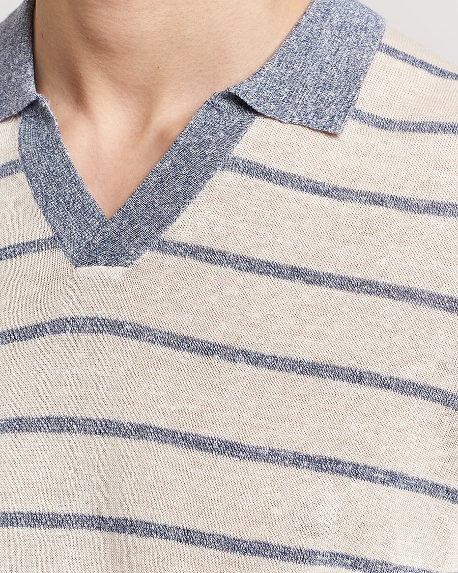 Herre | Pikéer | Gran Sasso | Linen/Cotton Knitted Striped Open Collar Polo Cream/Blue