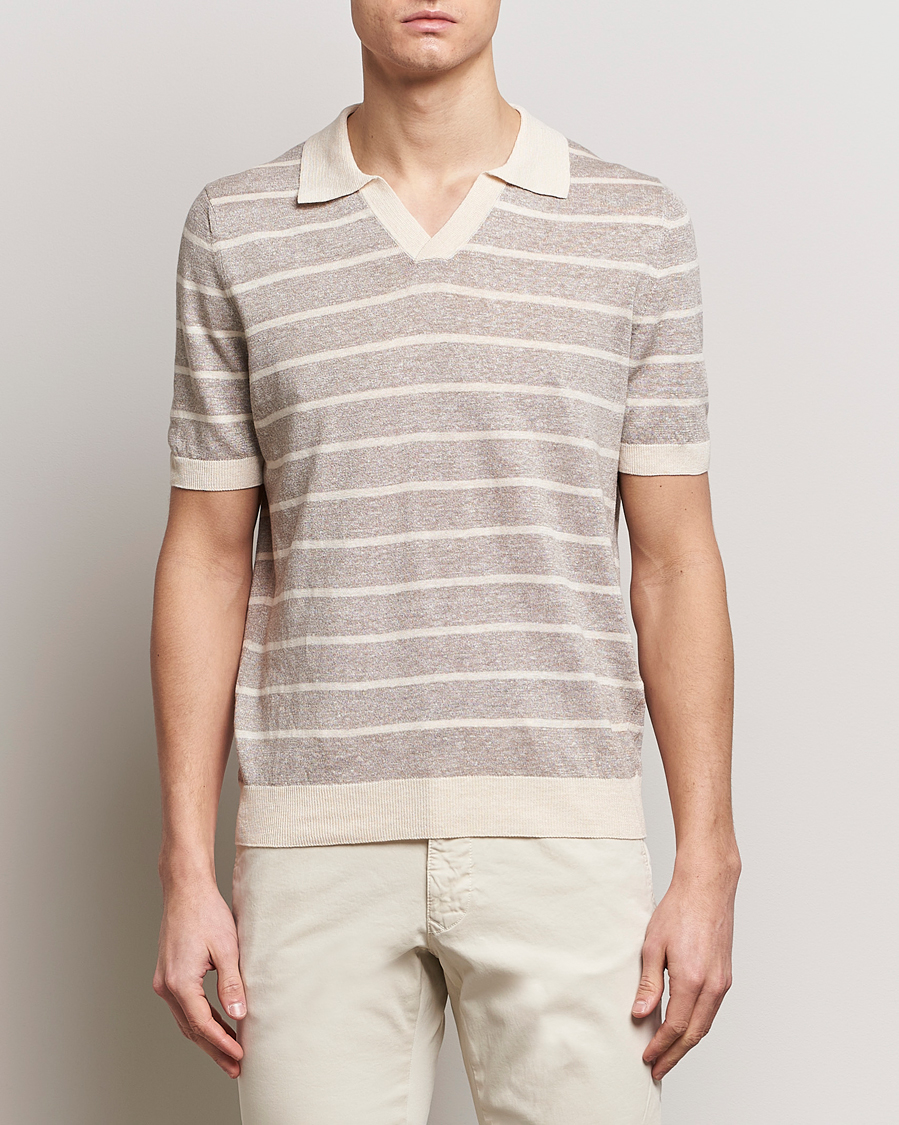 Herre | Kortermet piké | Gran Sasso | Linen/Cotton Knitted Striped Open Collar Polo Beige/Cream