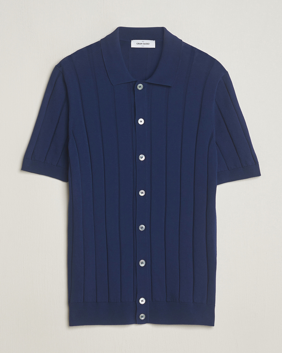 Herre | Skjorter | Gran Sasso | Cotton Structured Knitted Short Sleeve Shirt Light Navy