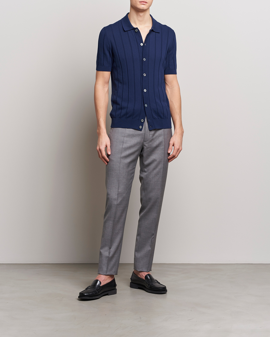 Herre | Skjorter | Gran Sasso | Cotton Structured Knitted Short Sleeve Shirt Light Navy