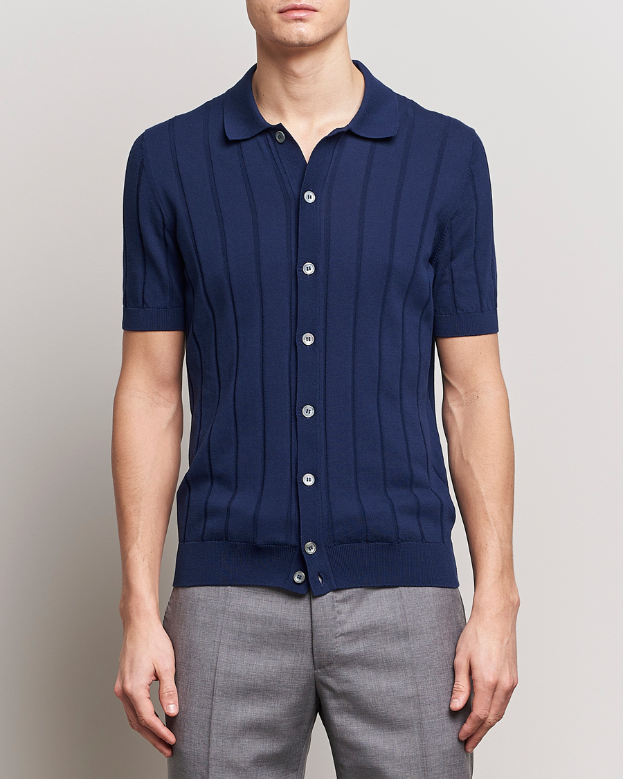 Herre | Italian Department | Gran Sasso | Cotton Structured Knitted Short Sleeve Shirt Light Navy