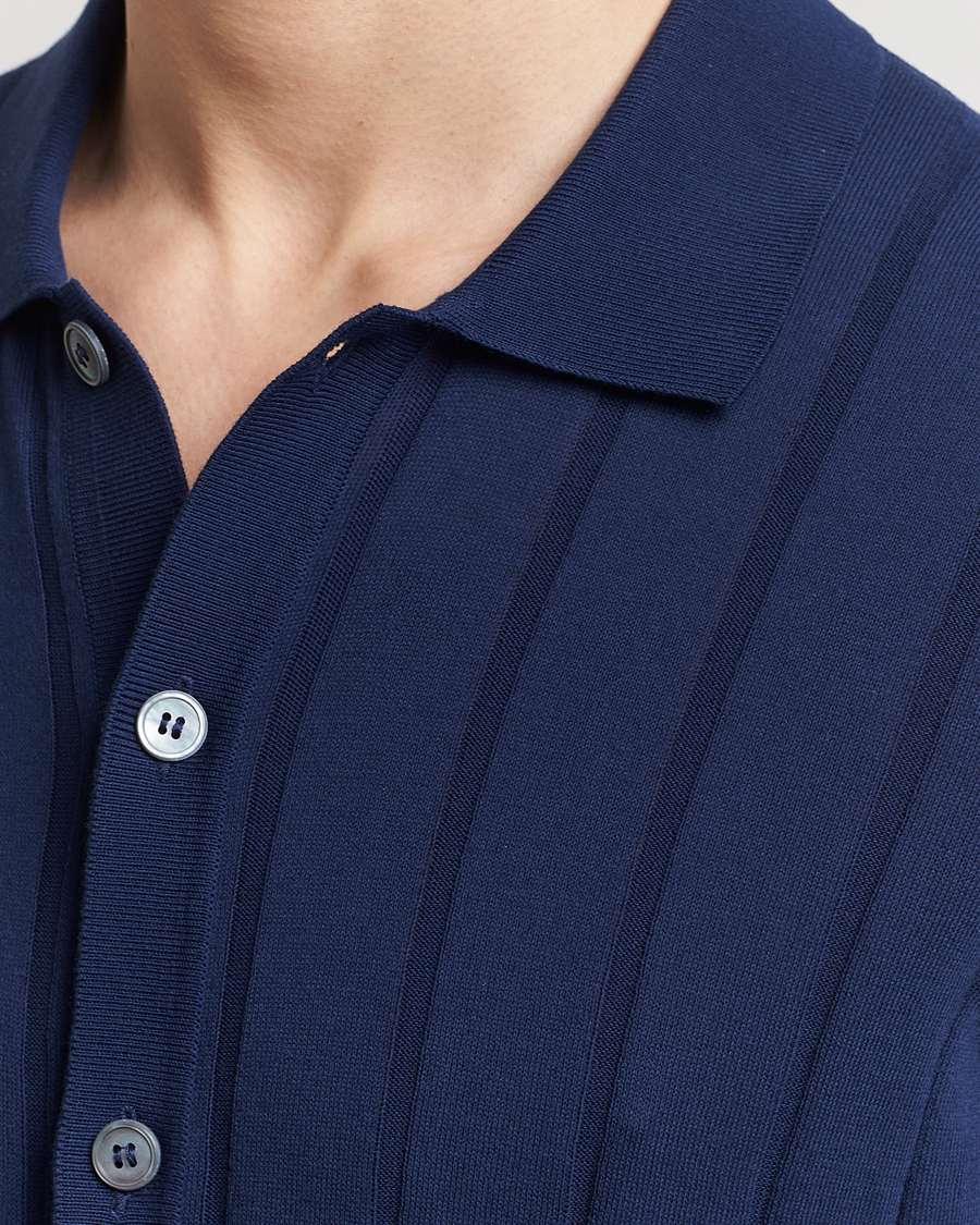 Herre | Skjorter | Gran Sasso | Cotton Structured Knitted Short Sleeve Shirt Light Navy