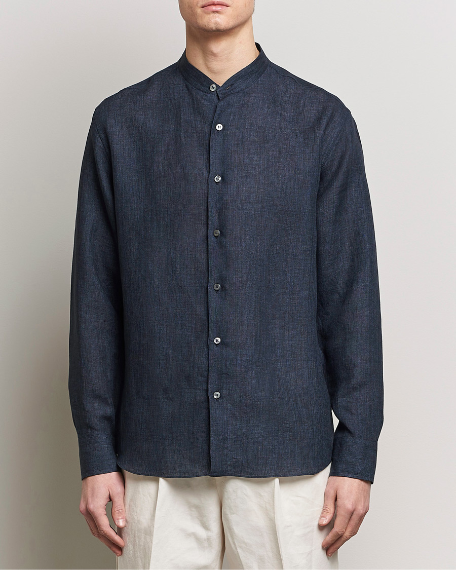 Herre | Italian Department | Brioni | Linen Guru Collar Shirt Navy