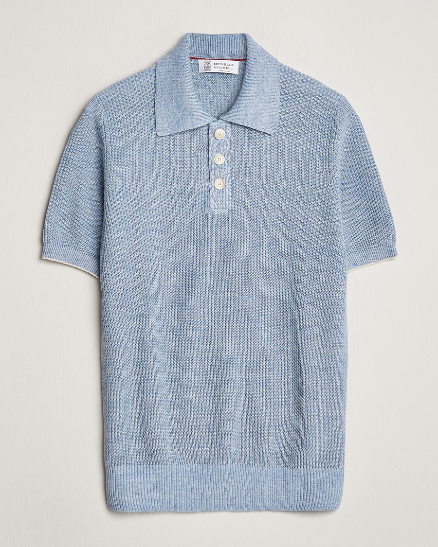 Herre | Pikéer | Brunello Cucinelli | Cotton/Linen Rib Knitted Polo Light Blue