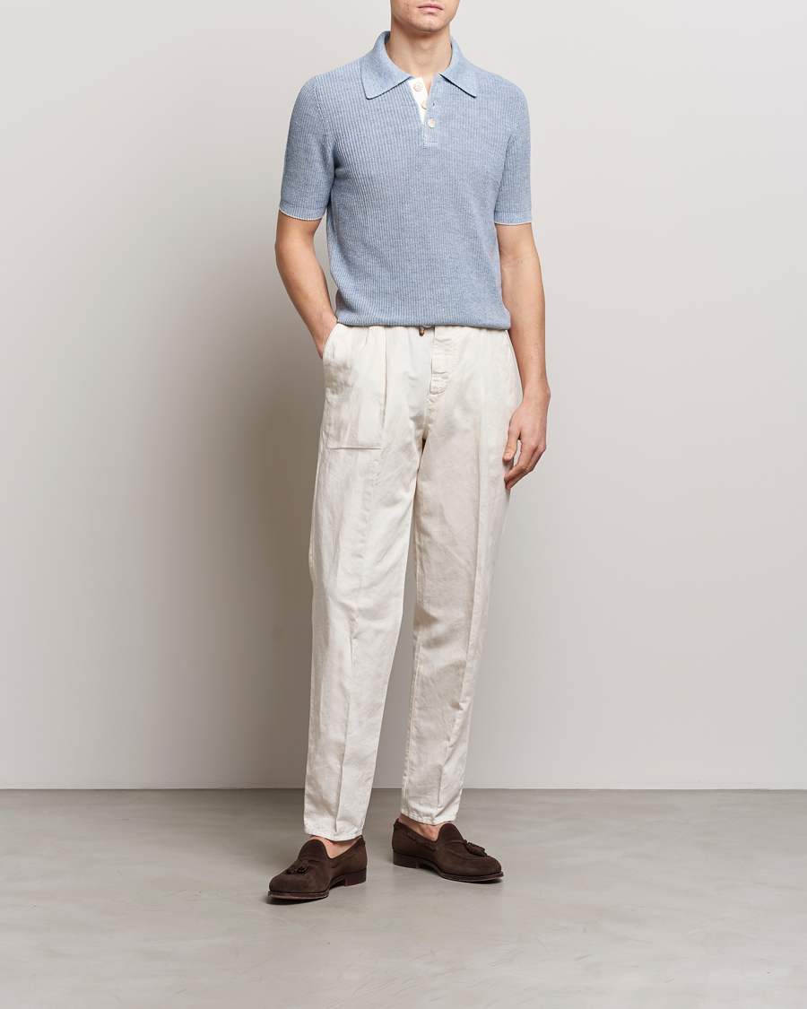 Herre | Pikéer | Brunello Cucinelli | Cotton/Linen Rib Knitted Polo Light Blue