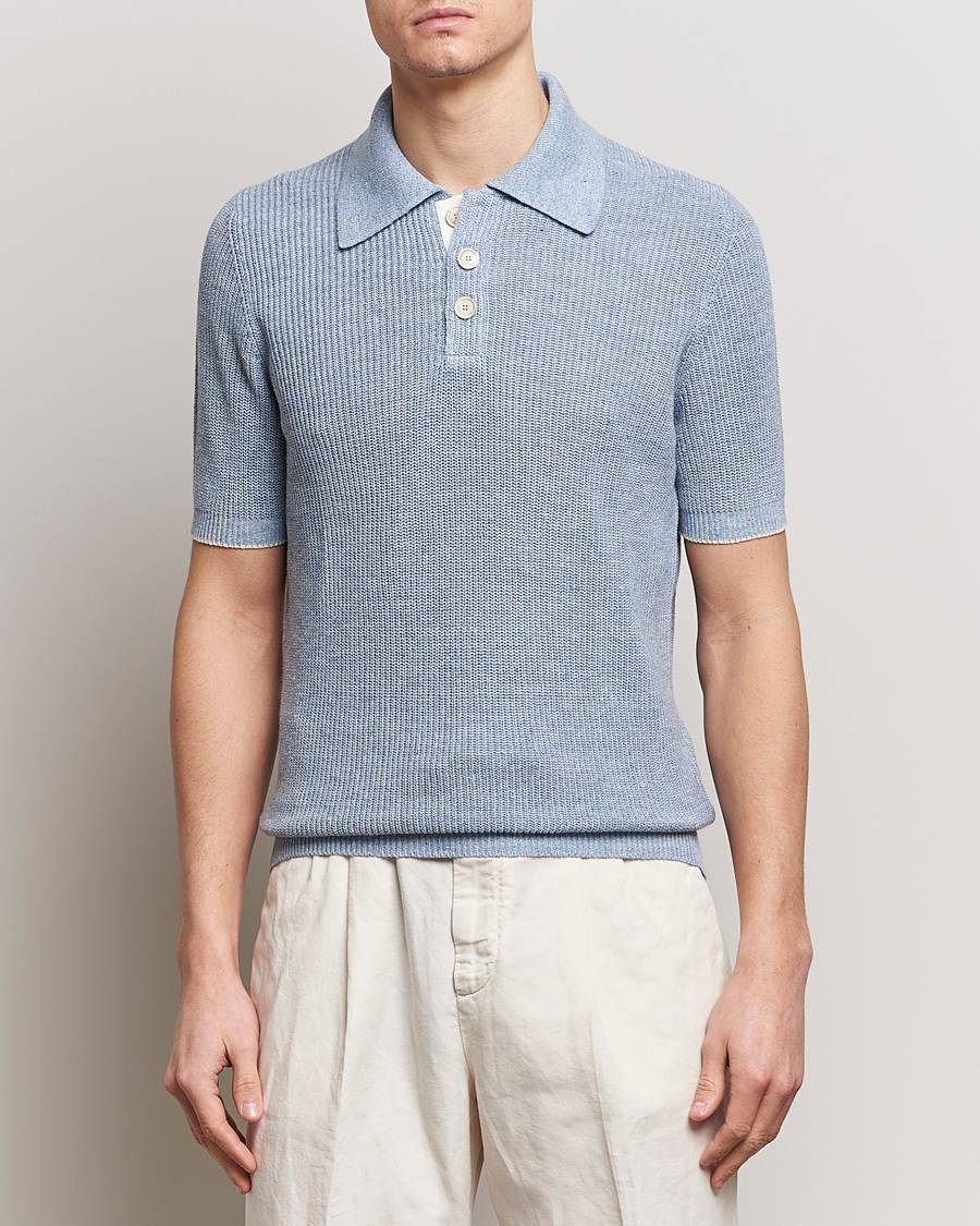 Herre | Quiet Luxury | Brunello Cucinelli | Cotton/Linen Rib Knitted Polo Light Blue