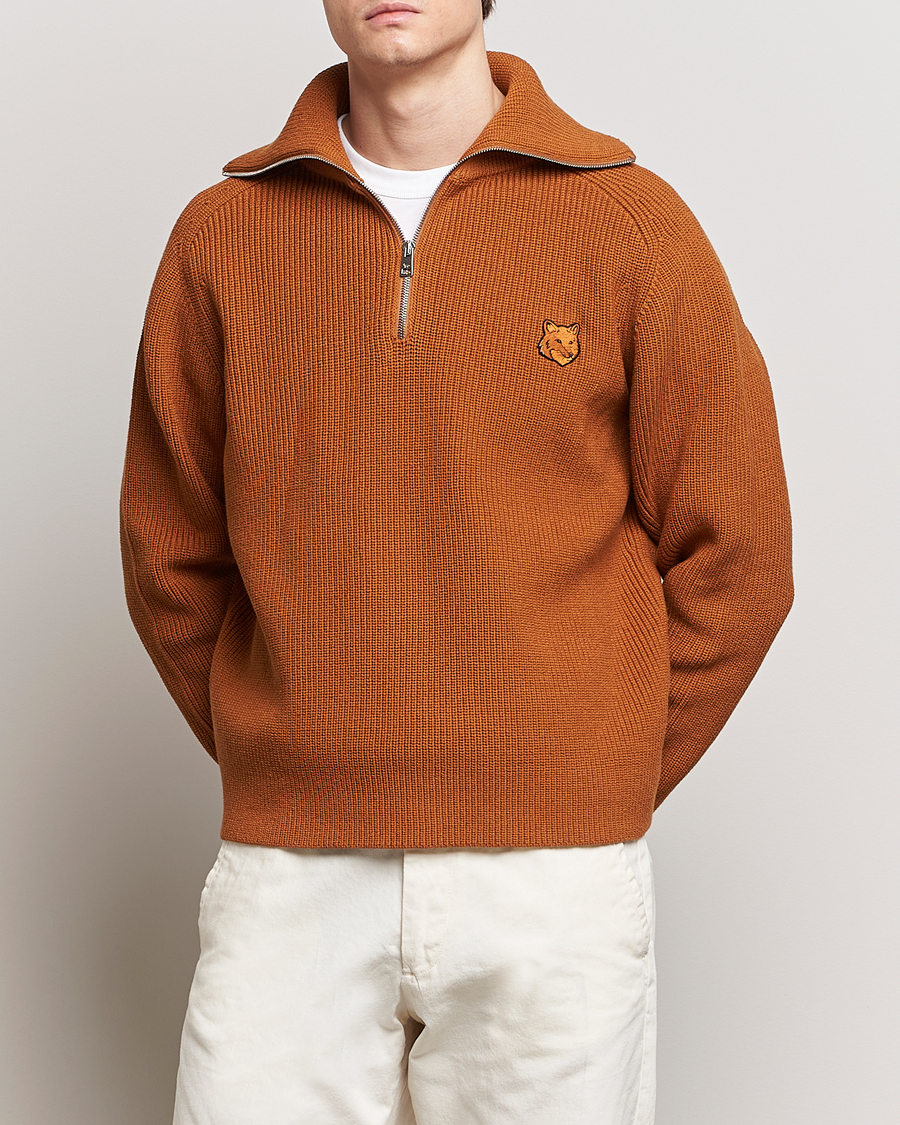 Herre | Contemporary Creators | Maison Kitsuné | Tonal Fox Head Ribbed Half Zip Tobacco